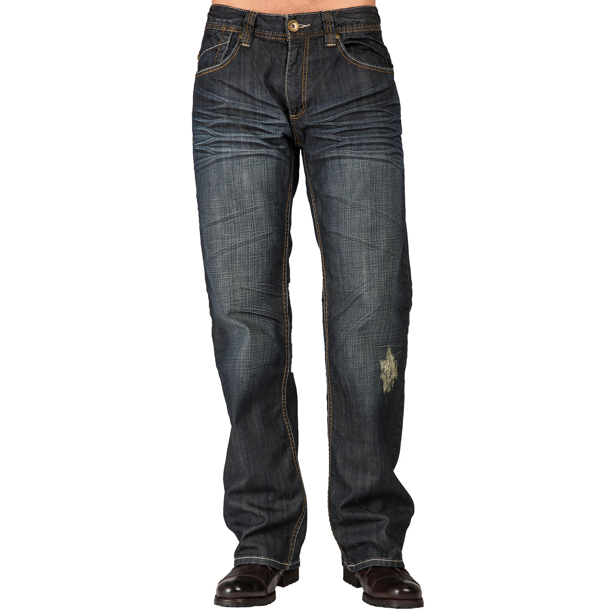 Level 7 Men's Relaxed Bootcut Dark Vintage Whiskered 5 pocket Jeans Premium  Denim