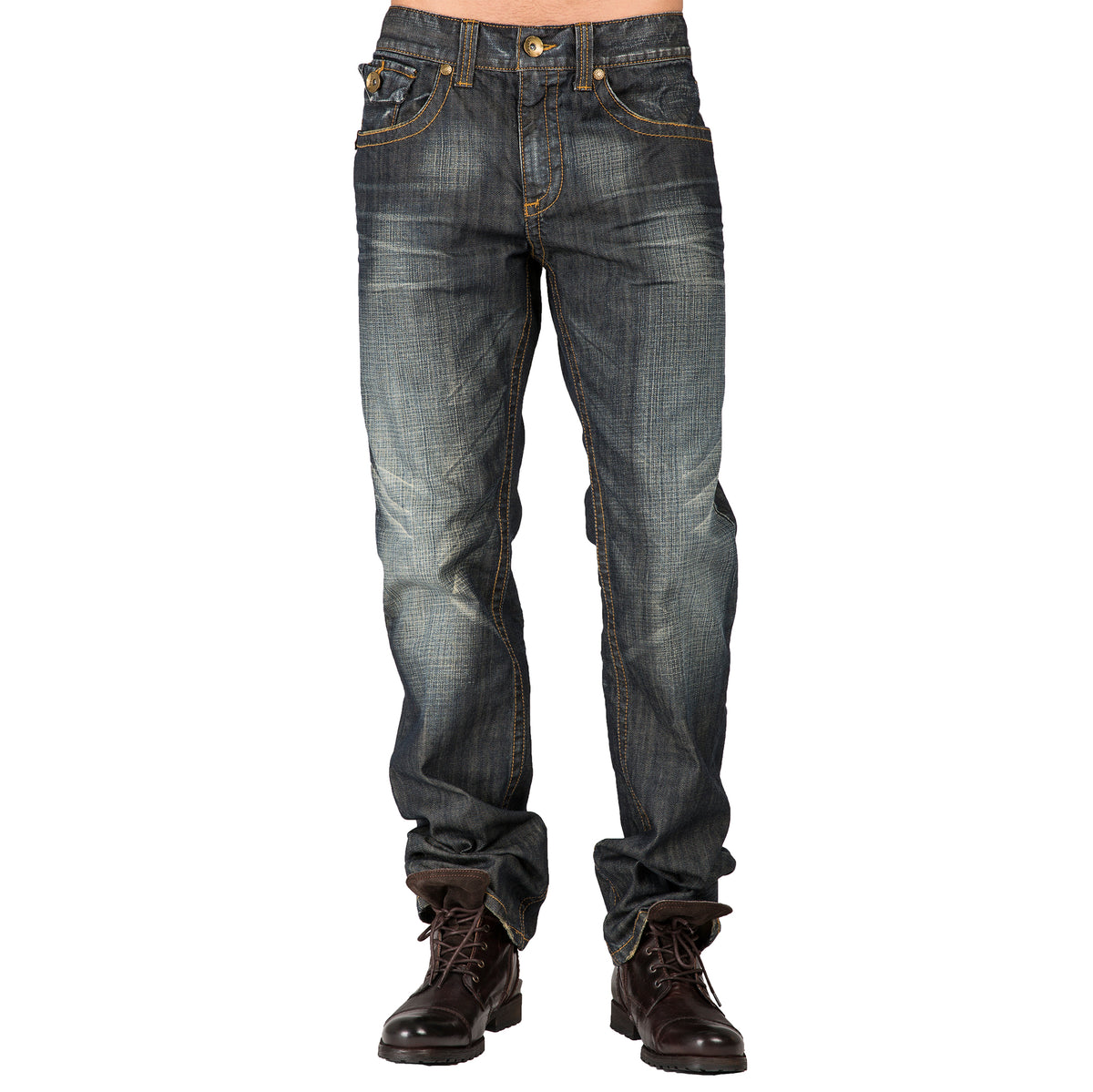 Level 7 Men's Relaxed Straight Dark Vintage Zip Utility Pocket Jeans  Premium Denim