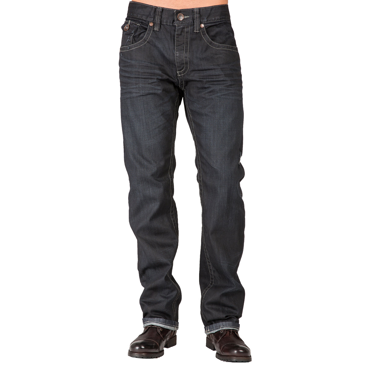 Level 7 Men's Relaxed Straight Coated Dark Indigo Zip Pocket Jean