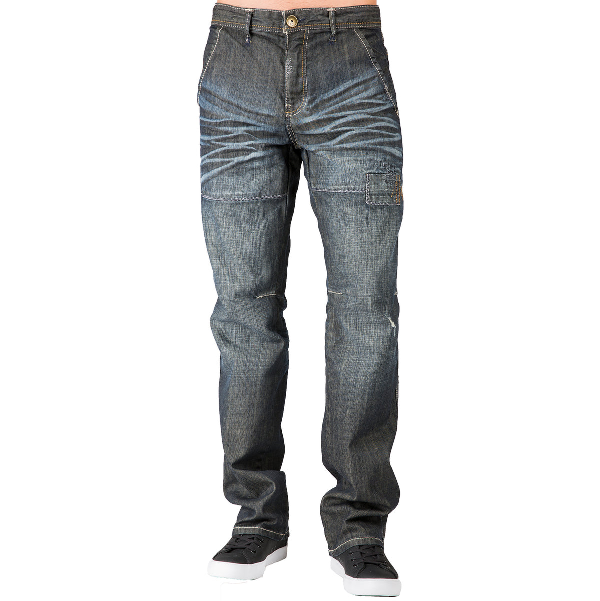 Level 7 Men's Relaxed Straight Dark Wrinkle Wash Rip & Repair Jeans Premium  Denim