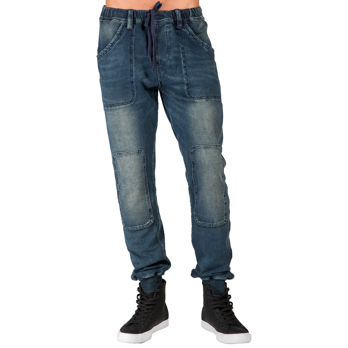 Level 7 Men's Hand sanded Knee Patches Indigo Knit Jogger Jeans Premium  Denim – Level 7 Jeans