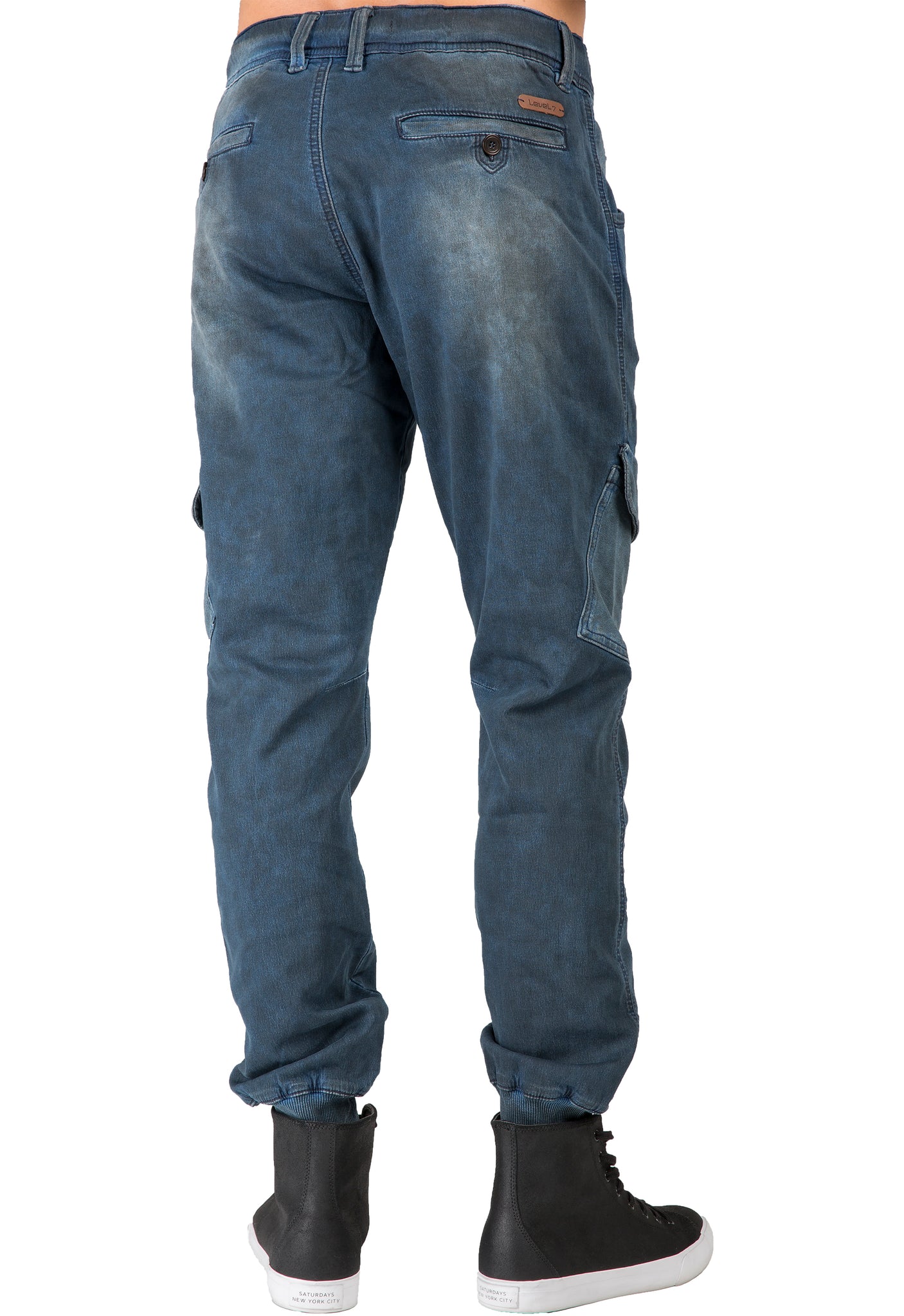 Level 7 Men's Cargo Pocket Tinted Wash Indigo Knit Jogger pants