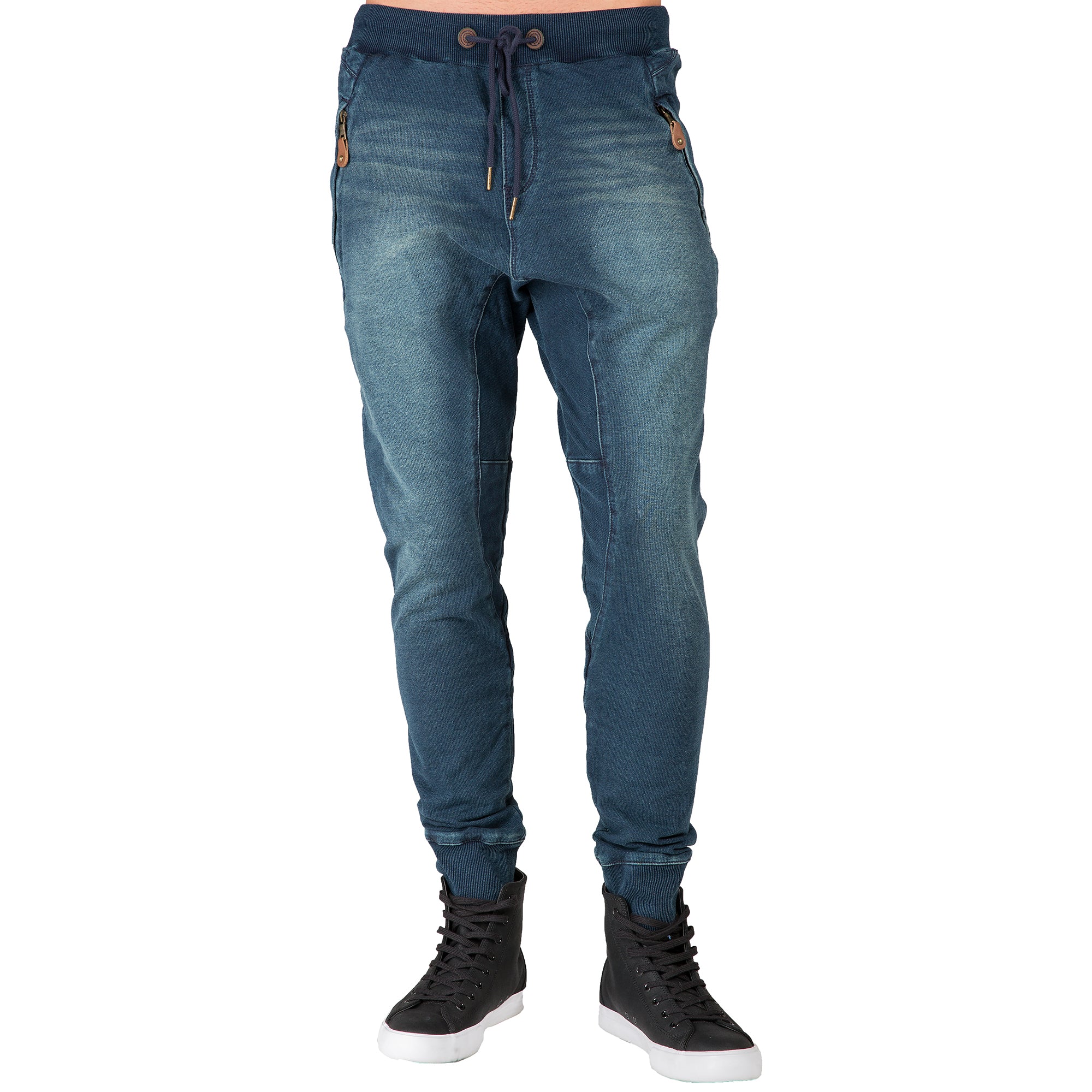 Premium Indigo Knit Denim Jogger Jeans Angled Side Pockets Oil Stain Tinted  Wash