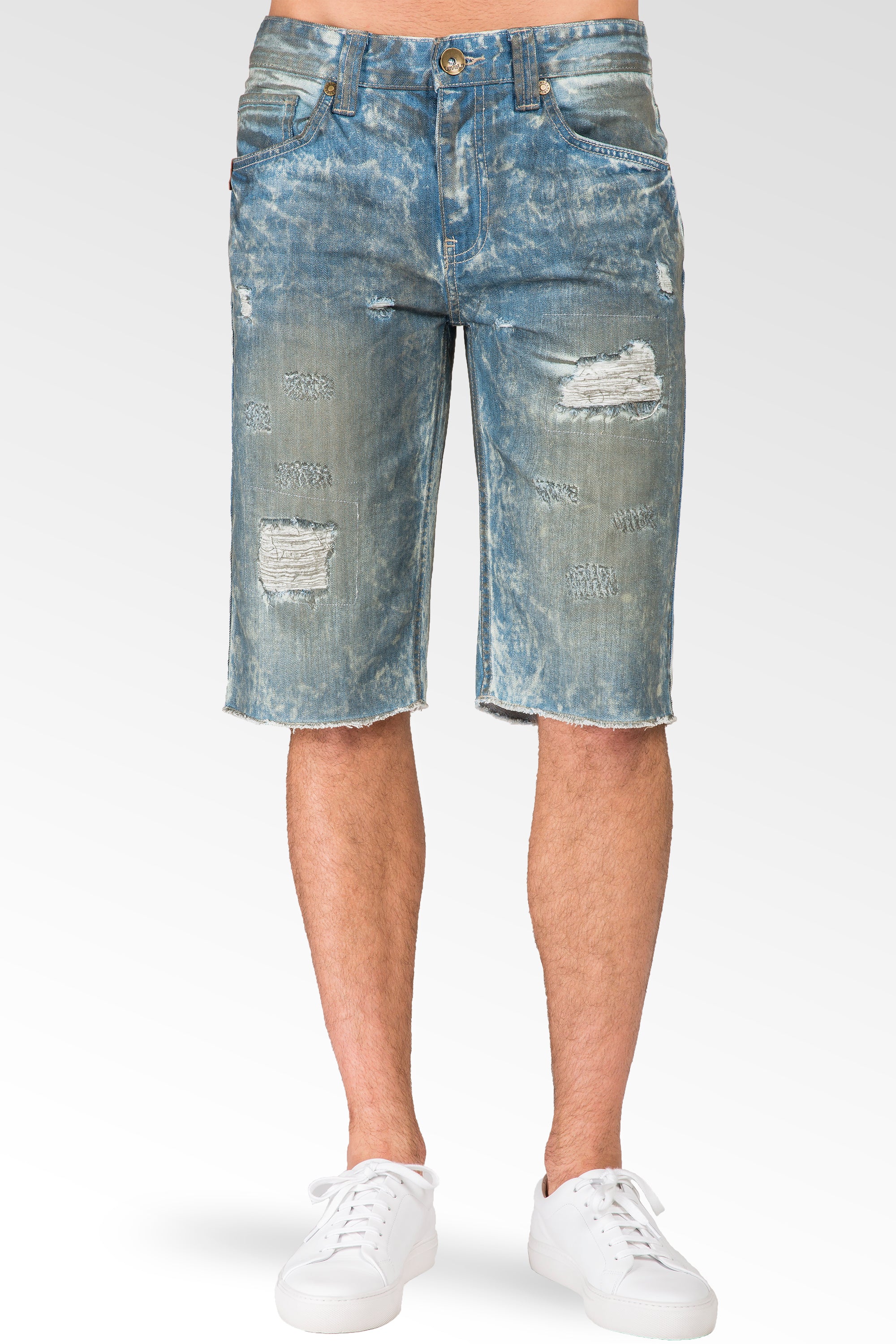 Buy Light Blue Mid Rise Distressed Denim Shorts for Men