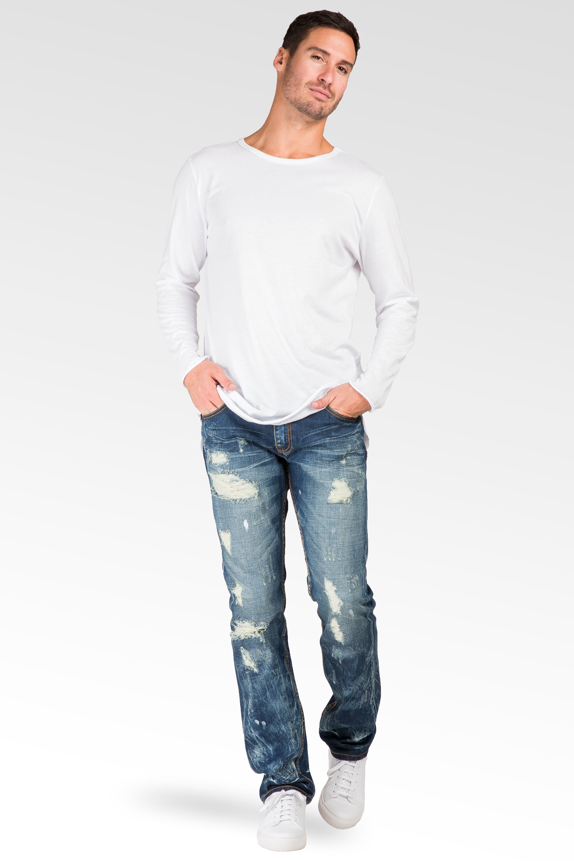 Level 7 Men's Slim Straight Paint Smudging Destroyed Faded Blue Jeans  Premium Denim – Level 7 Jeans